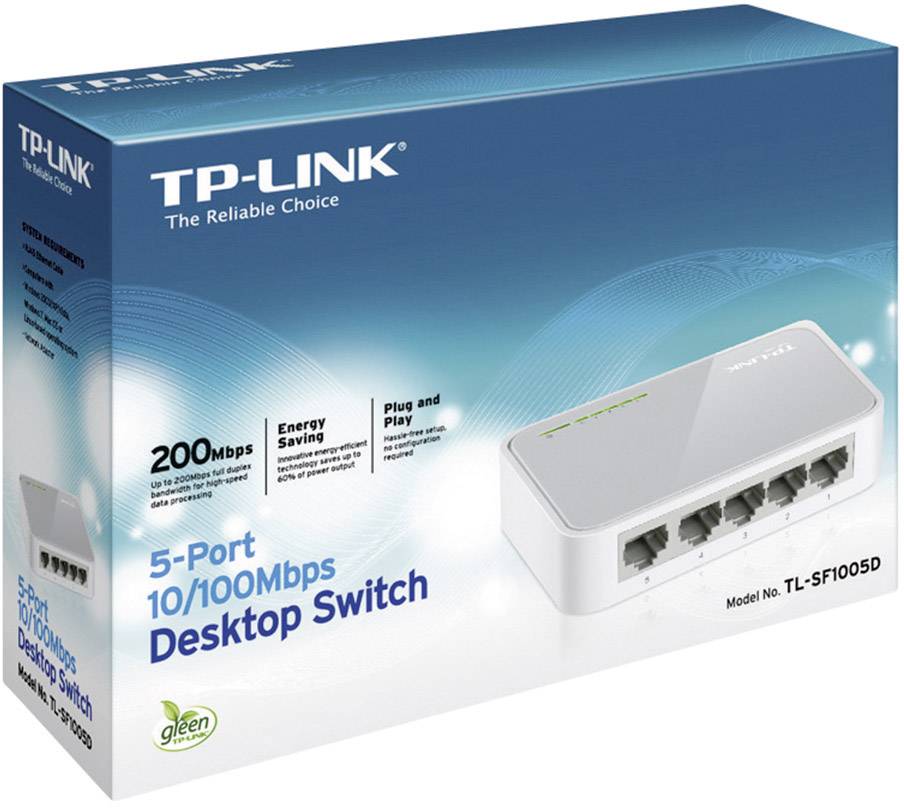 TP-LINK 5-Port 10/100Mbps Desktop Switch Verpackung, Modell TL-SF1005D. Hebt Plug-and-Play und energiesparende Funktionen hervor.