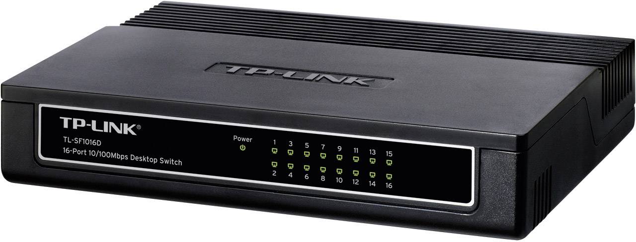 Schwarzer TP-Link TL-SF1016D 16-Port 10/100 Mbps Desktop-Switch mit grünen und roten Status-LEDs auf der Vorderseite.