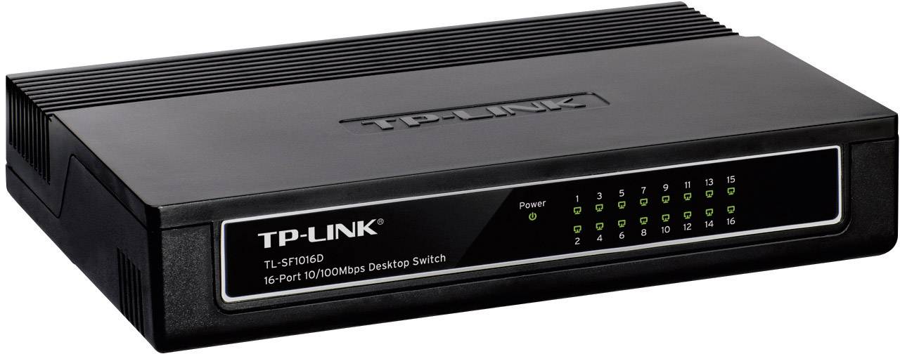 Ein schwarzer TP-Link 16-Port Desktop Switch mit Statusanzeigen für Netzwerkbetrieb auf der Vorderseite; Modell TL-SF1016D.