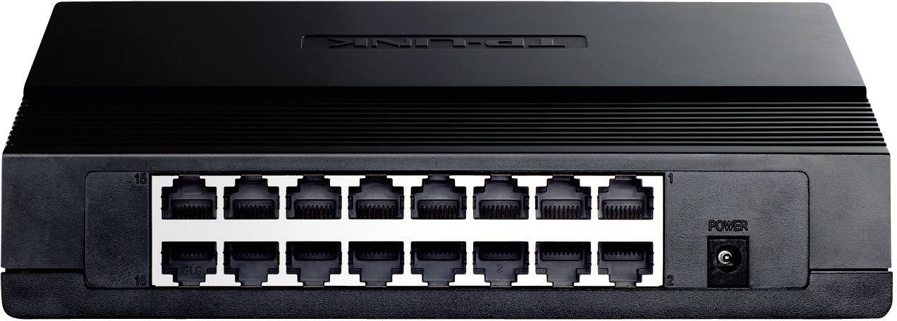 Ein 16-Port-Ethernet-Switch in schwarzem Gehäuse mit angeschlossenen Netzwerkanschlüssen, geeignet für LAN-Verbindungen in Büros.