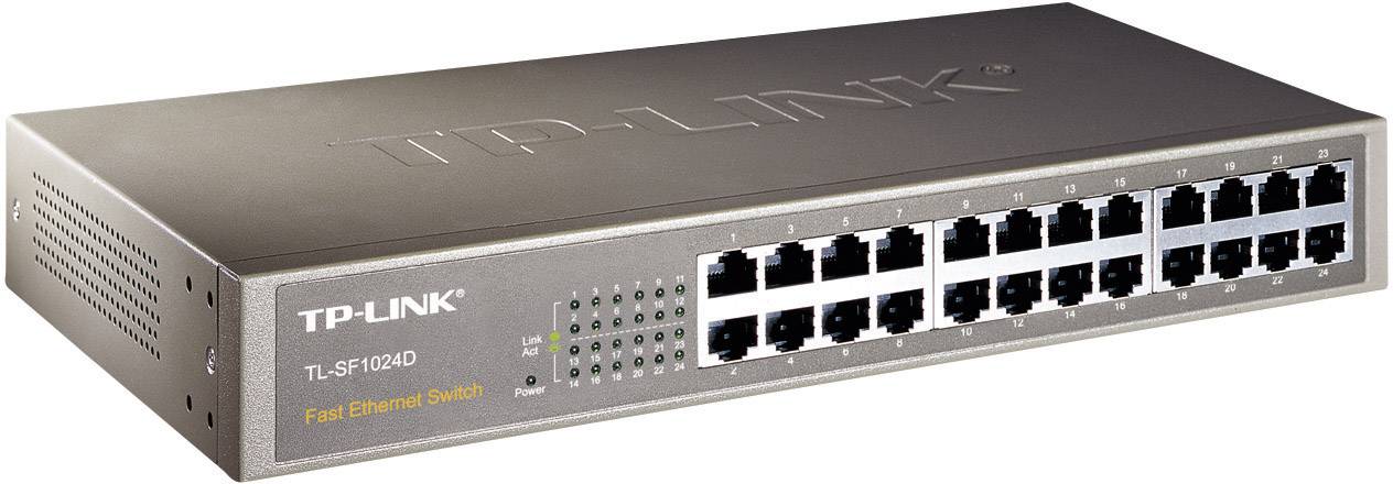 Ein TP-Link TLSF1024D Fast Ethernet Switch mit 24 RJ-45-Ports, geeignet für die Netzwerkverbindung in Büroumgebungen.