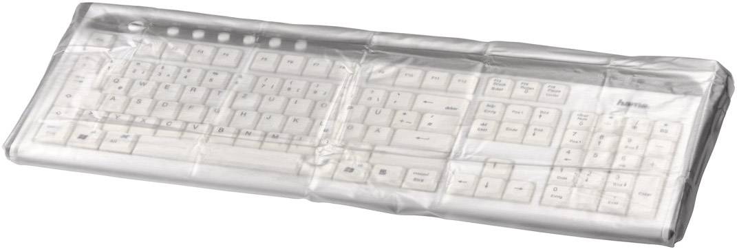 Eine mit einer transparenten Hülle abgedeckte weiße Computertastatur, die Schutz vor Staub und Flüssigkeiten bietet.