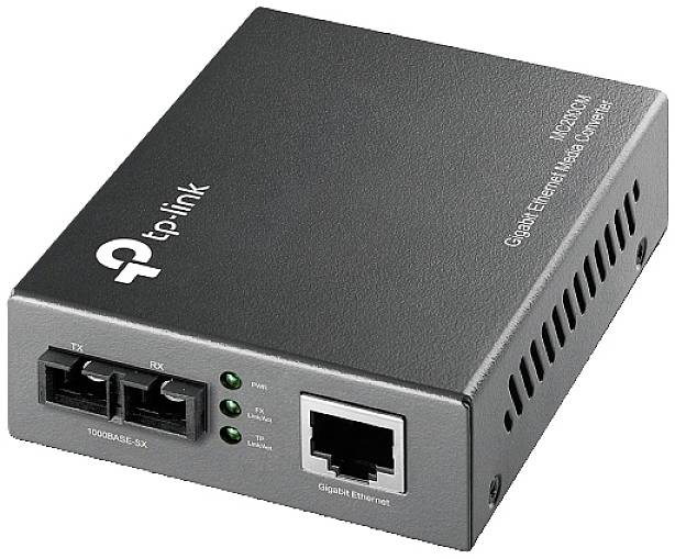 Ein TP-Link Medienkonverter mit Gigabit-Ethernet-Anschluss und LWL-Ports, geeignet für die Umwandlung von Glasfaser zu Ethernet.