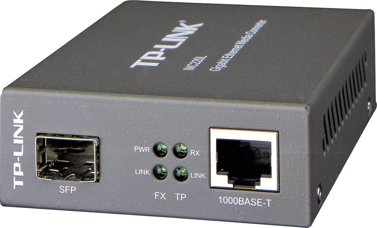 Netzwerk-Medienkonverter von TP-Link, Modell MC220L, mit SFP-Port und RJ45-Port, geeignet für Glasfaser-zu-Ethernet-Verbindungen.