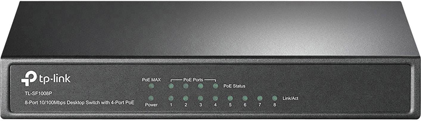 Ein schwarzer TP-Link 8-Port 10/100 Mbps Desktop-Switch mit 4 PoE-Ports. Vorderseite zeigt LEDs für Status und Aktivität.