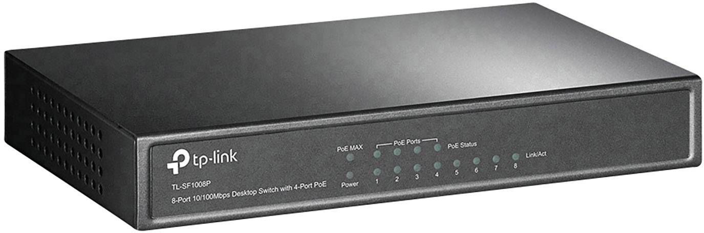 Schwarzer TP-Link 8-Port Desktop-Switch mit LEDs zur Anzeige von Power-Status und Port-Aktivität. Modellnummer: TL-SF1008P.