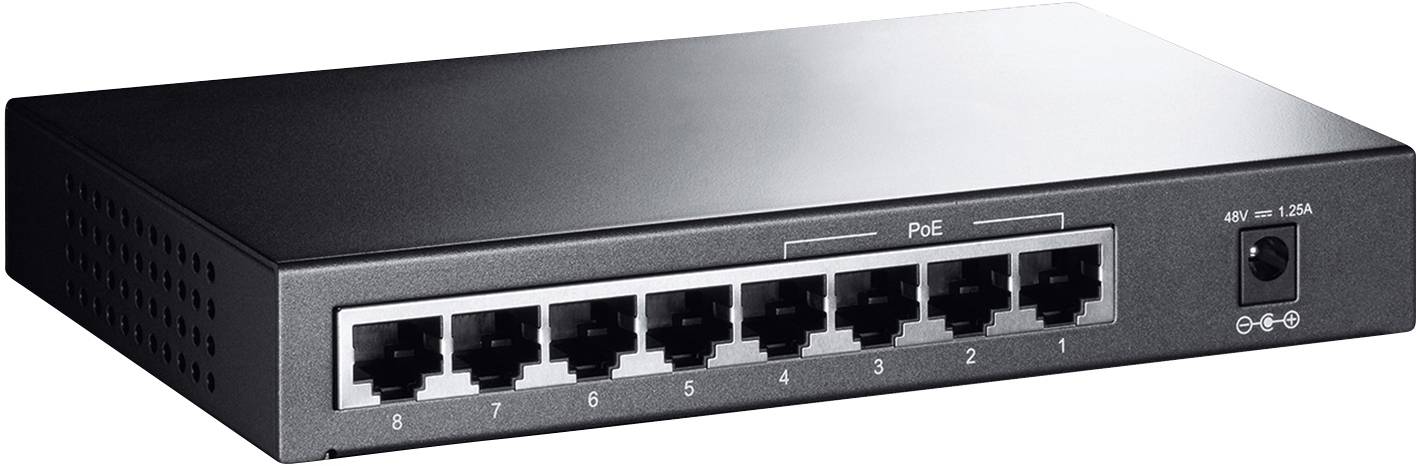Ein schwarzer Netzwerk-Switch mit acht Ethernet-Ports, nummeriert von 1 bis 8. Rechts befindet sich ein Stromanschluss.
