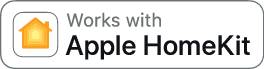 Schwarzes Rechteck mit weißem Text 'Works with Apple HomeKit' und einem stilisierten Haus-Symbol links.