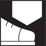 Schwarz-weißes Symbol zeigt einen Schuh, der von einem schweren Objekt getroffen wird. 标志警告脚部受伤的风险。
