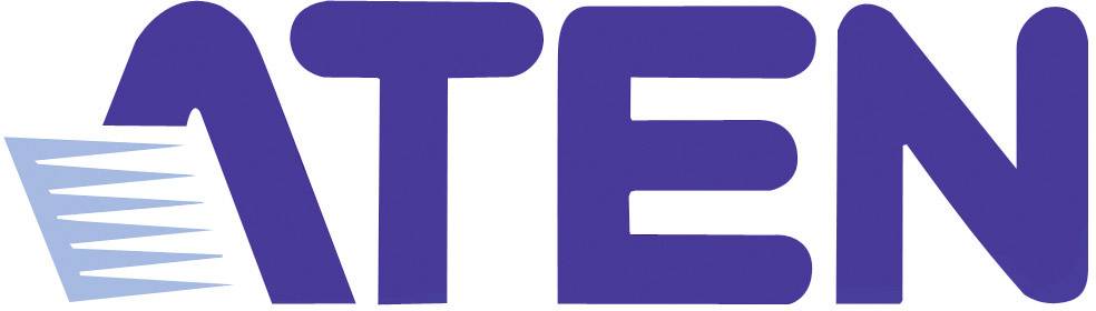 Logo des Unternehmens 'ATEN' in blauer Schrift mit stilisiertem Design am Buchstaben 'A'.