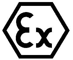 Ein sechseckiges Symbol mit der Aufschrift 'Ex', das für explosionsgefährdete Bereiche steht.