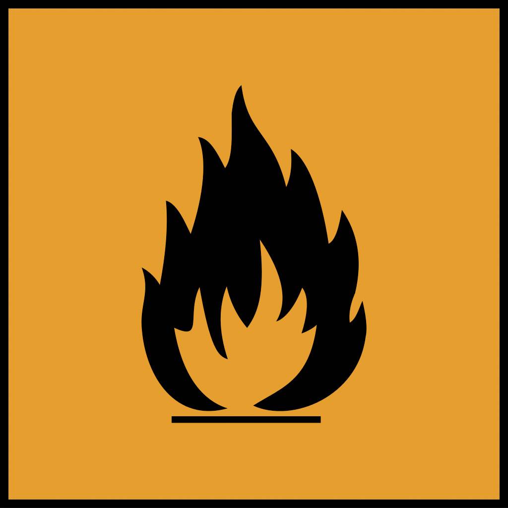 Symbol eines schwarzen Feuers auf orangefarbenem Hintergrund, das Entflammbarkeit kennzeichnet.