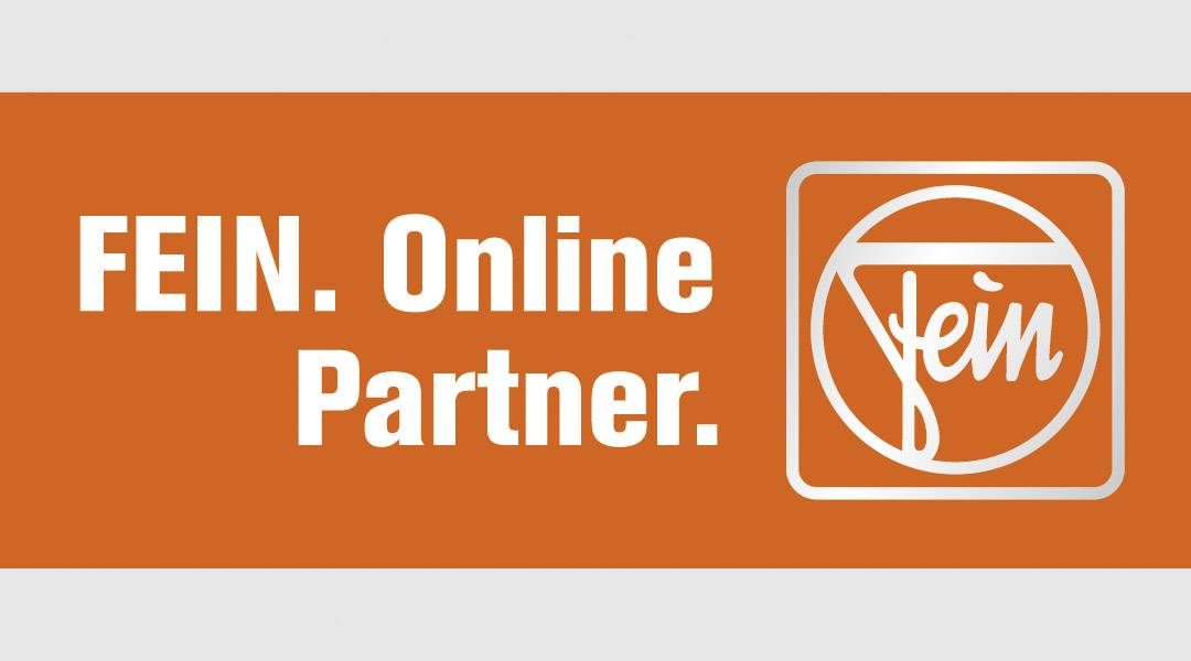'FEIN. Online Partner.' und ein Logo des Unternehmens auf orangefarbenem Hintergrund.
