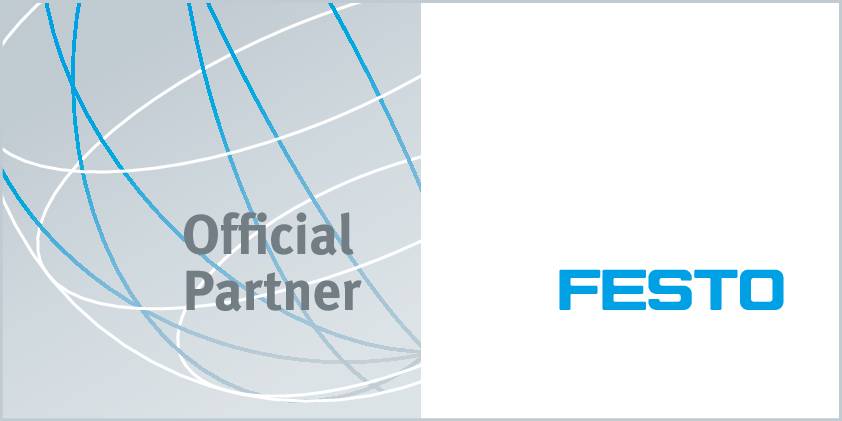 Auf dunklem Hintergrund steht links 'Official Partner', rechts ist das Logo von FESTO in orange auf weißem Hintergrund.