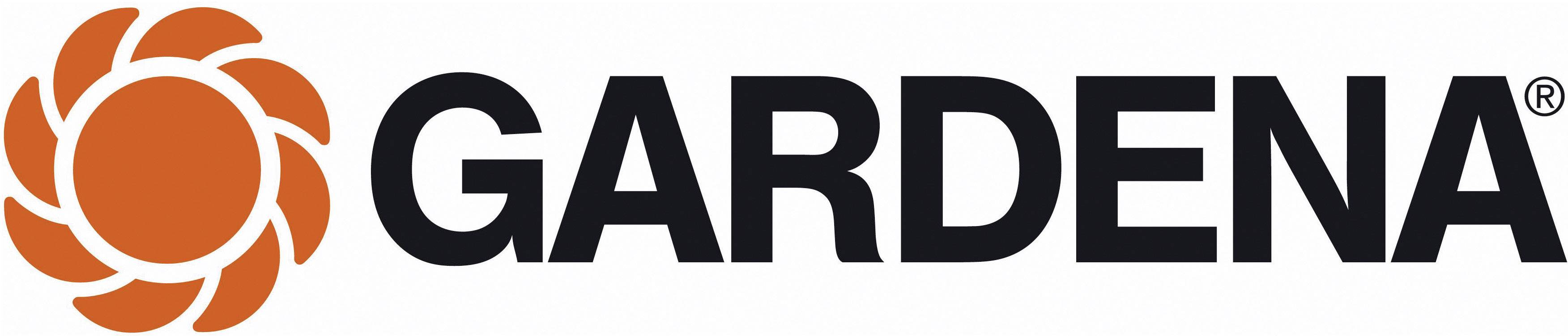 Gardena-Logo mit einem orangefarbenen Blüten-Symbol links und dem schwarzen Schriftzug 'GARDENA' rechts.