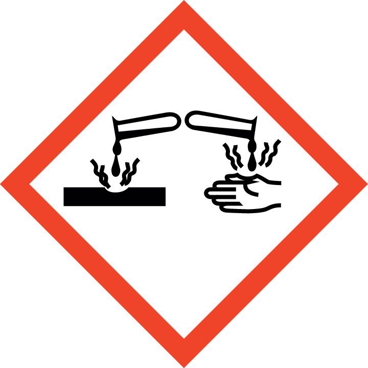 'GHS-Piktogramm für ätzende Stoffe' zeigt eine chemische Substanz, die sowohl eine Hand als auch eine Metalloberfläche angreift.