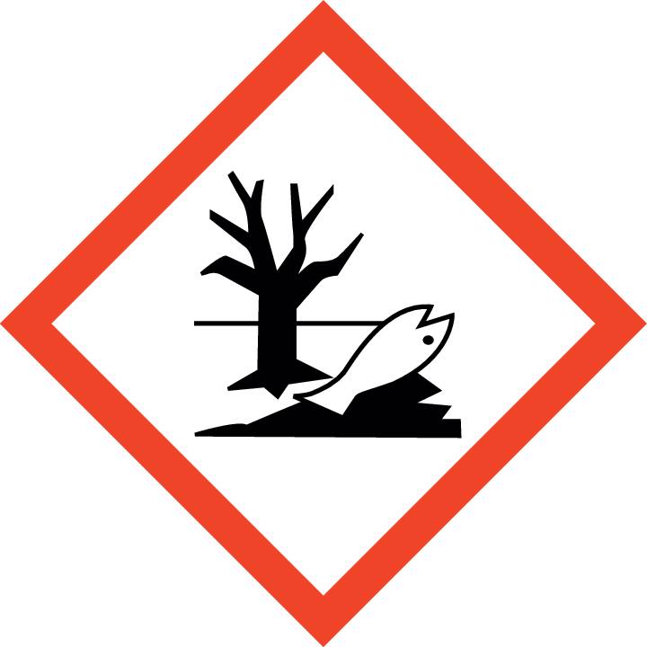Ein Symbol mit einem schwarzen Fisch unter einem ausgetrockneten Baum. Zeichen für Umweltverschmutzung oder ökologische Gefahr.