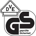 Das Bild zeigt das GS-Zeichen für 'geprüfte Sicherheit', das Zertifikat des VDE für elektrische Sicherheitsstandards in Deutschland.