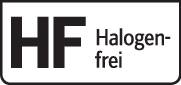 'HF Halogenfrei' Etikett, das anzeigt, dass das Produkt keine Halogene enthält.