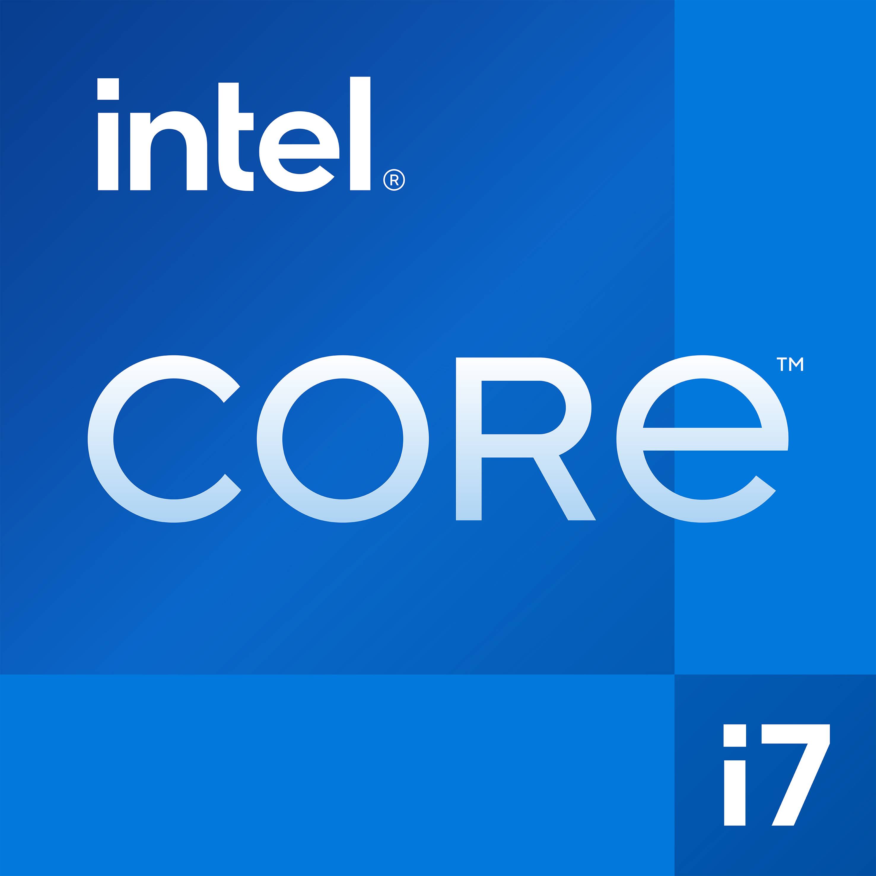 Das Bild zeigt ein Intel-Logo mit der Aufschrift 'CORE' und 'i7', dargestellt in stilisiertem Text auf blauem Hintergrund.