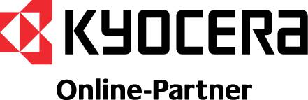 Logo mit geometrischem Symbol links und Text 'Kyocera Online Partner' darunter in klaren, weißen Lettern.