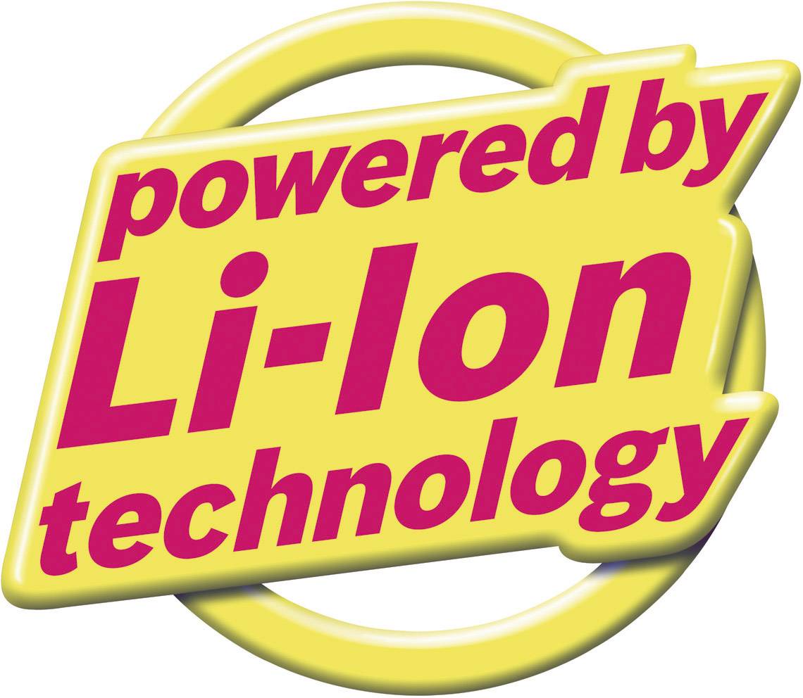 'Powered by Li-Ion technology' steht in fetten, roten Buchstaben auf gelbem Hintergrund.