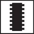 Schwarz-weißes Bild eines rechteckigen Mikrochips mit hervorstehenden Kontakten auf beiden Seiten, dargestellt in einfacher Form.