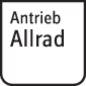 Schwarz-weißer Aufkleber mit der Aufschrift 'Antrieb Allrad', was auf Allradantrieb hinweist.