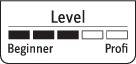 'Level' Anzeige mit einer Skala von 'Beginner' bis 'Profi'; vier von fünf Balken sind ausgefüllt.