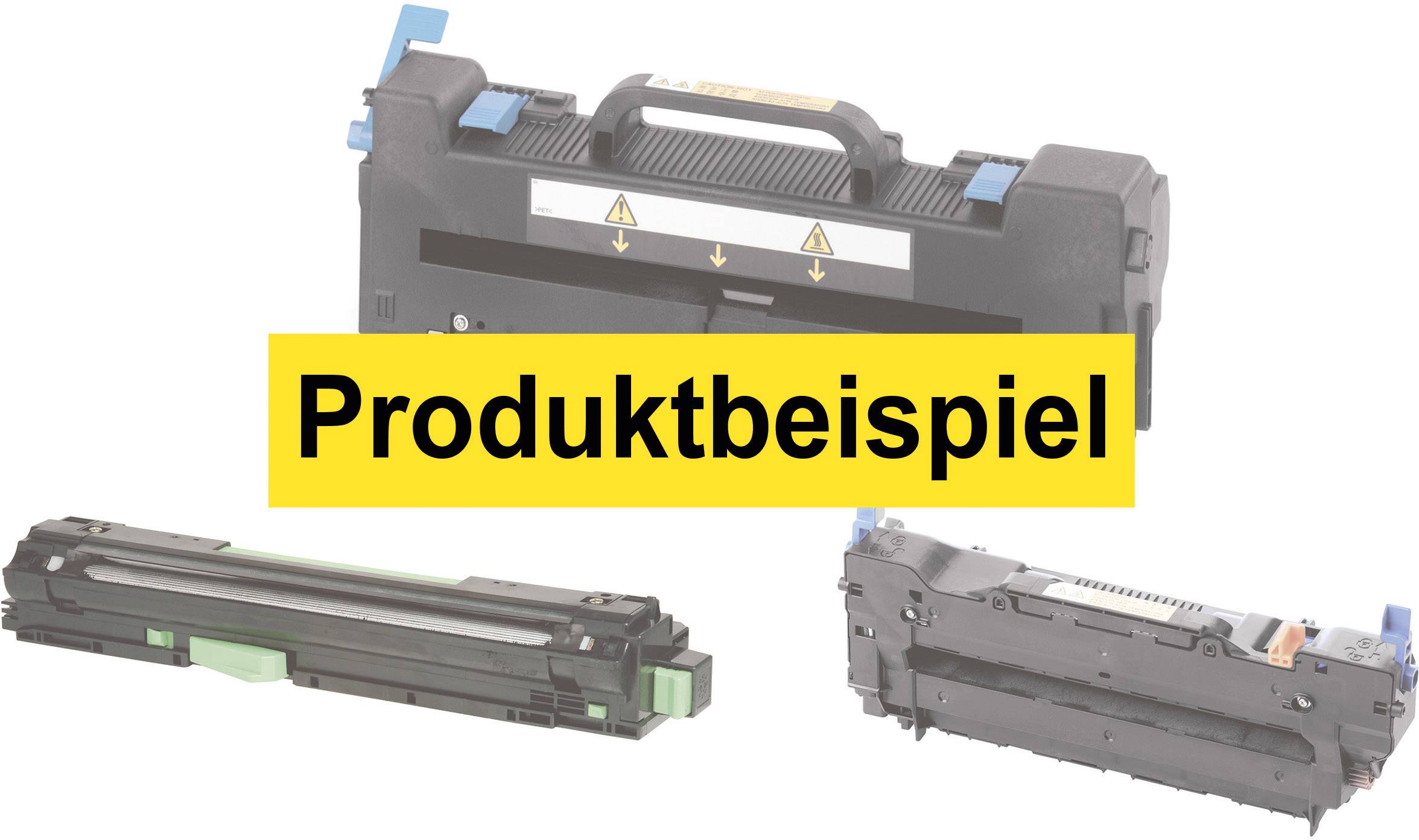 Drei unterschiedliche Druckerpatronen mit dem Text Produktbeispiel. Verschieden geformte und farbige Patronen sind abgebildet.