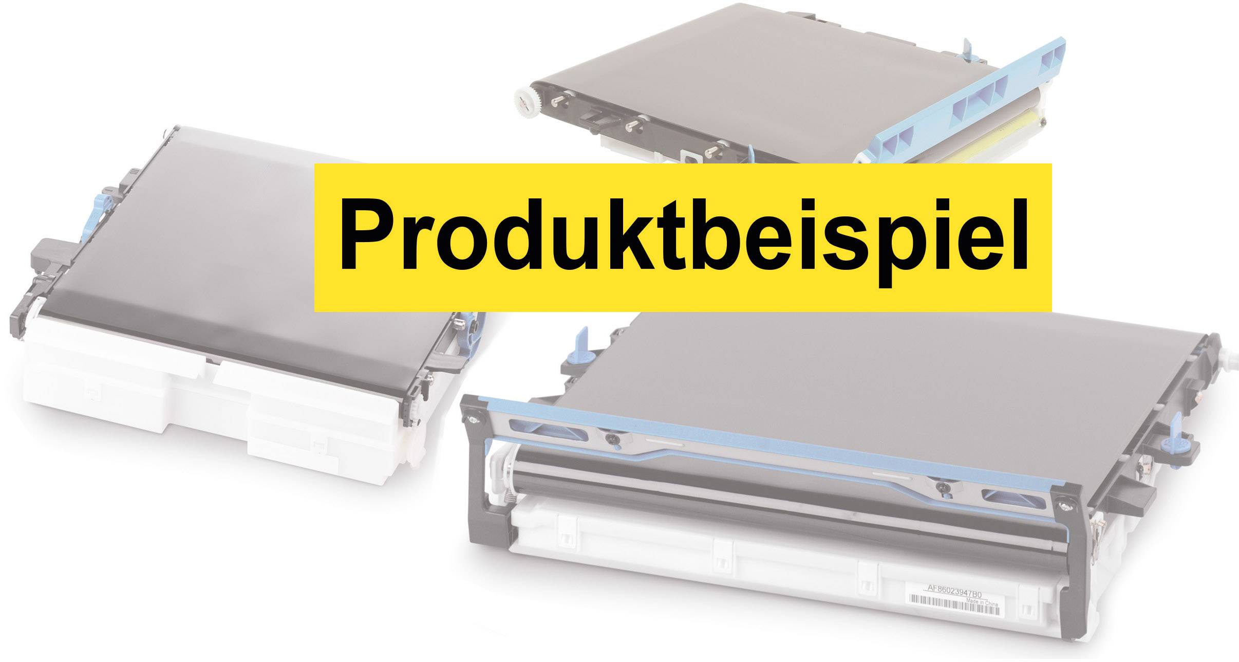 Mehrere Druckertoner in unterschiedlichen Positionen, im Vordergrund mit einem gelben Banner mit der Aufschrift 'Produktbeispiel'.