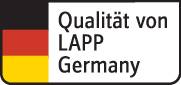 Das Bild zeigt das Logo mit der Aufschrift 'Qualität von LAPP Germany' und beinhaltet die Farben der deutschen Flagge.