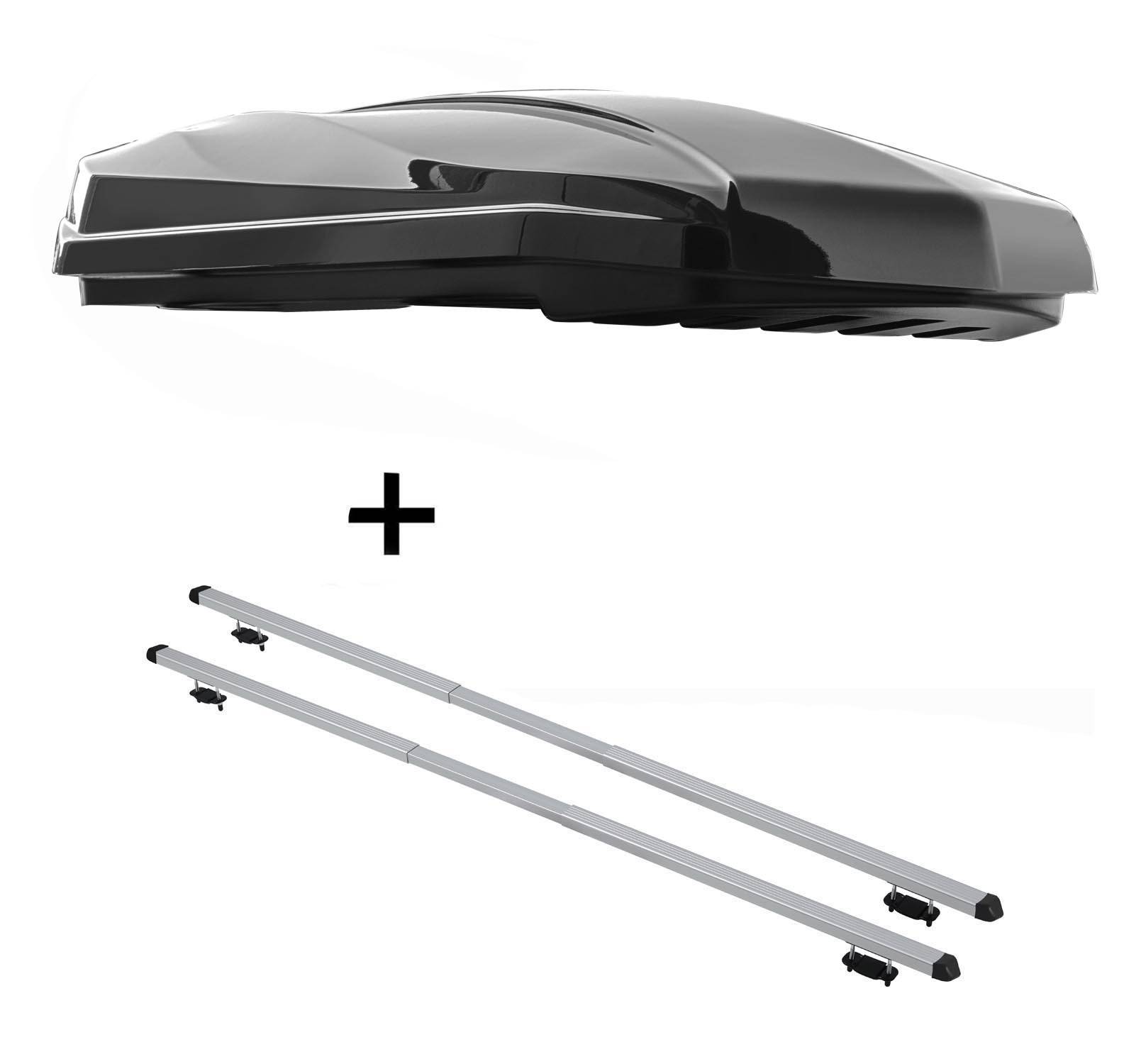 DACHBOX STRIKE 440 Liter schwarz hochglanz + Dachträger RAPID kompatibel mit für Ford Galaxy I (5Türer) 99-05