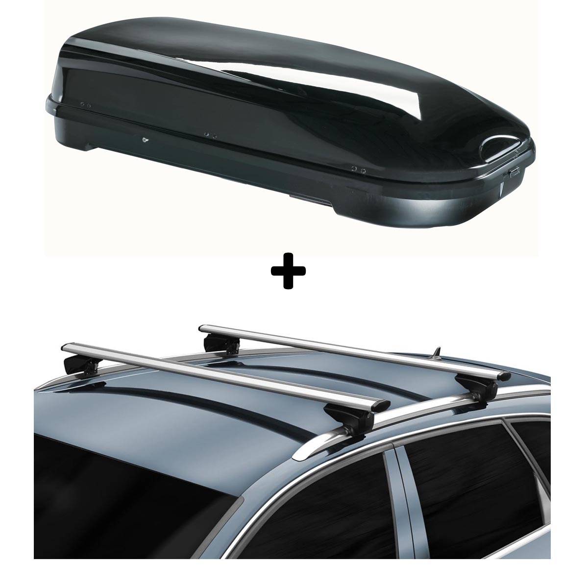 Dachbox VDP-FL580 + Alu Relingträger kompatibel mit für BMW X5 ab 09 aufliegende Reling