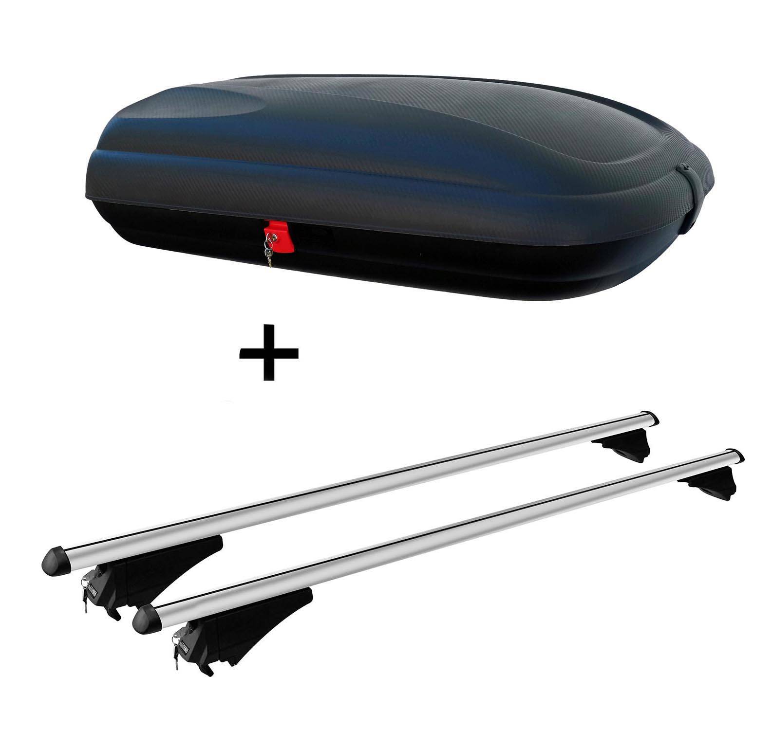 Dachbox VDPCA320 320Ltr carbonlook + Dachträger Tiger kompatibel mit für BMW X1 F48 ab 15 aufliegende Dachreling