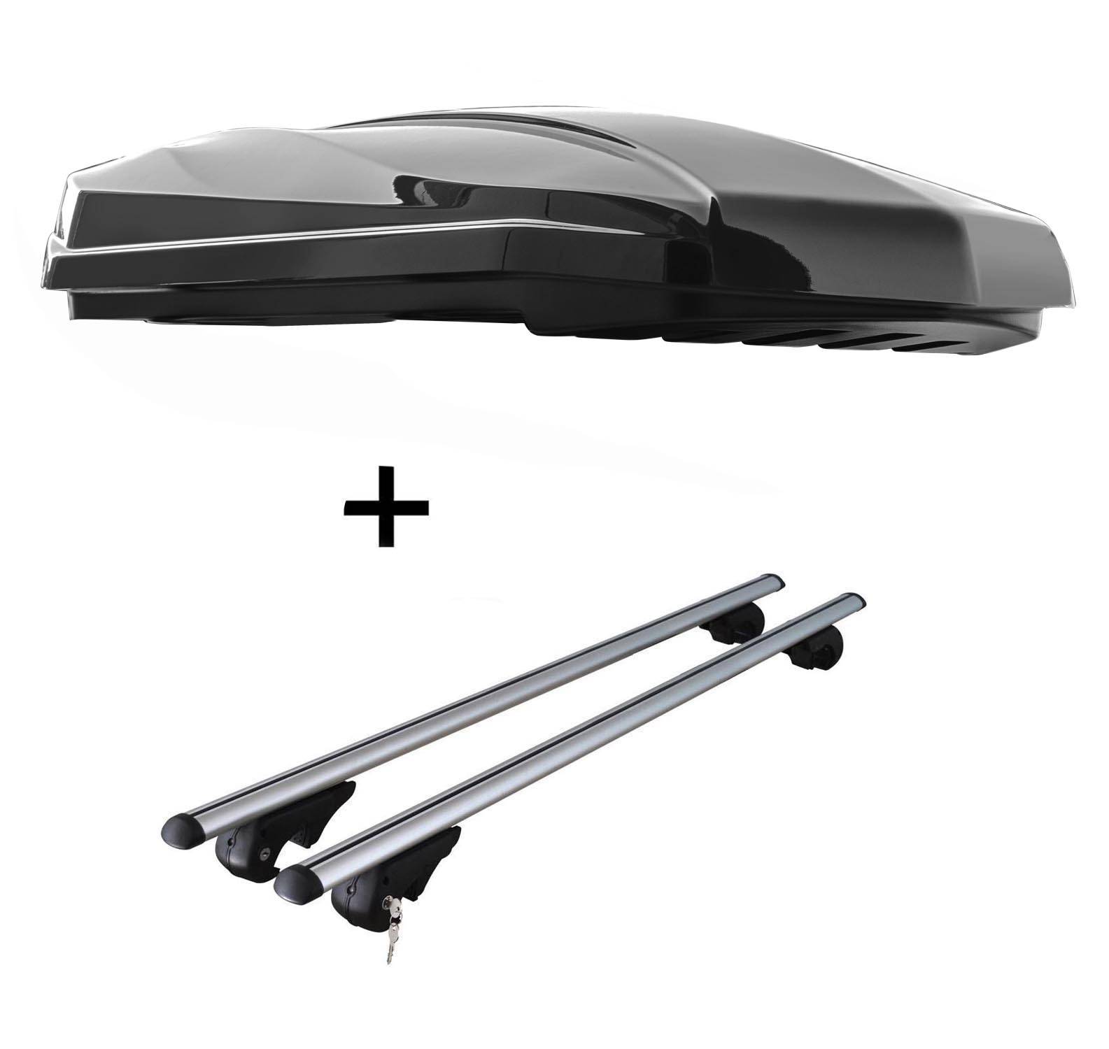 DACHBOX STRIKE 440 Liter schwarz hochglanz + Dachträger Rio 120 kompatibel mit für Audi A4 Avant 8E/B6 01-04