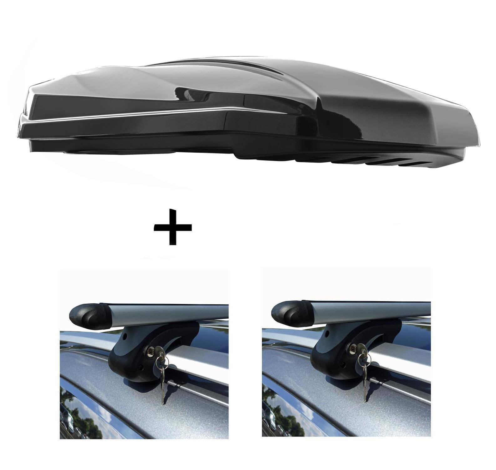 DACHBOX STRIKE 440 Liter schwarz hochglanz + Relingträger VDP L120 kompatibel mit für Audi A4 Avant 96-07