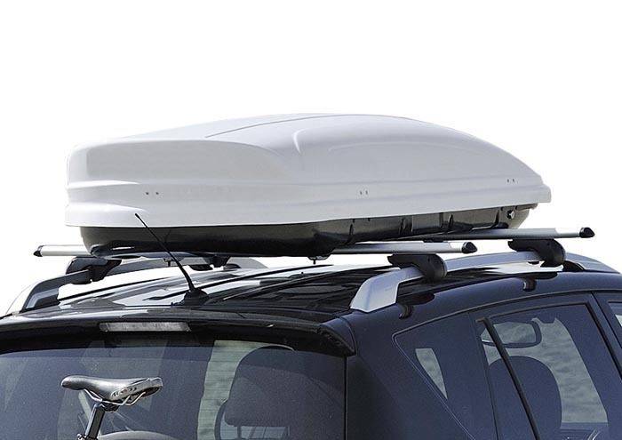 Dachbox VDPMAA460 weiss abschließbar 460Ltr + Dachträger Menabo Tema kompatibel mit für Fiat 500 (Schrägheck 3 Türer) ab 2007 Aluminium