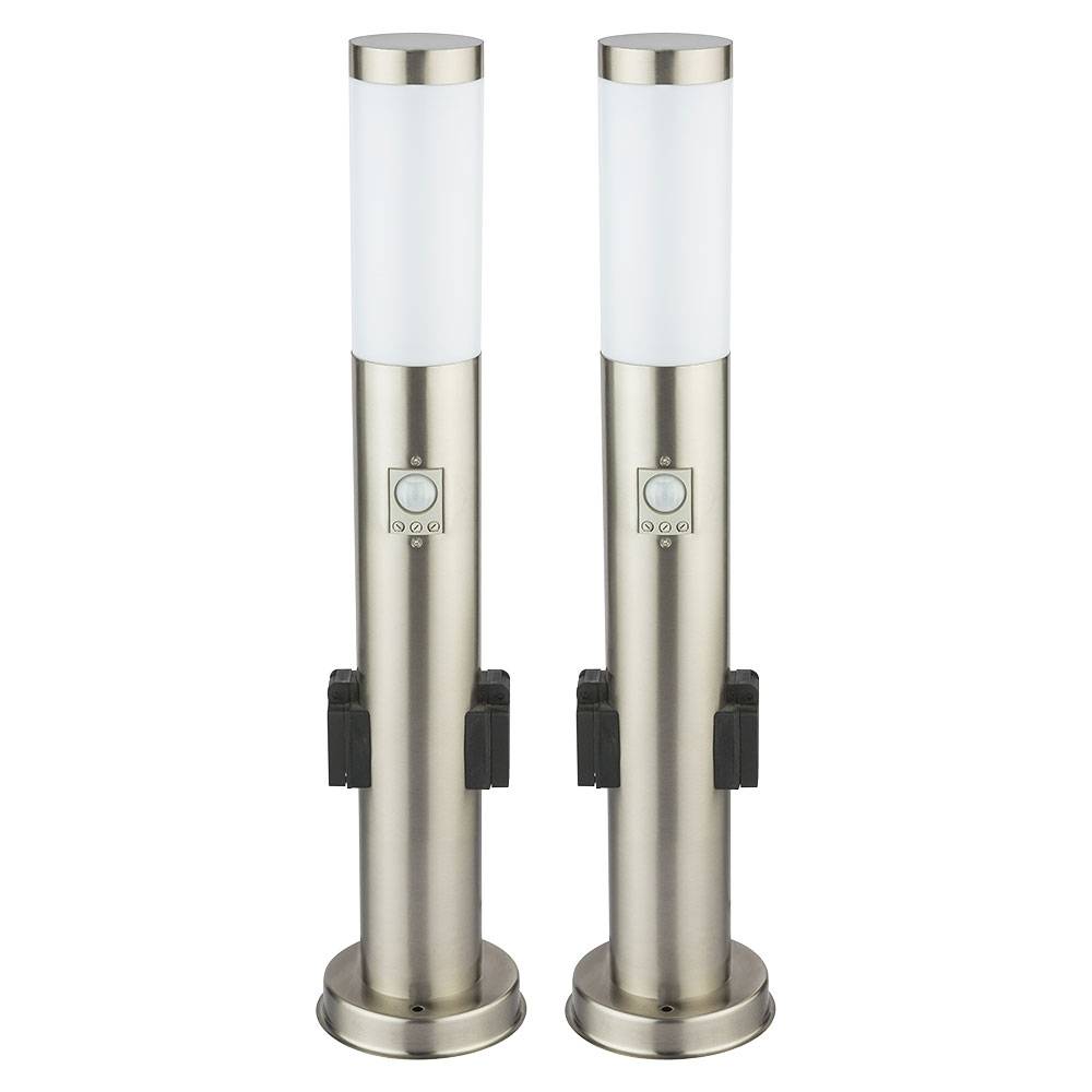 2er Set Edelstahl Steh Lampe Außen Steckdosen Bewegungsmelder Garten Wege Stand Leuchte silber