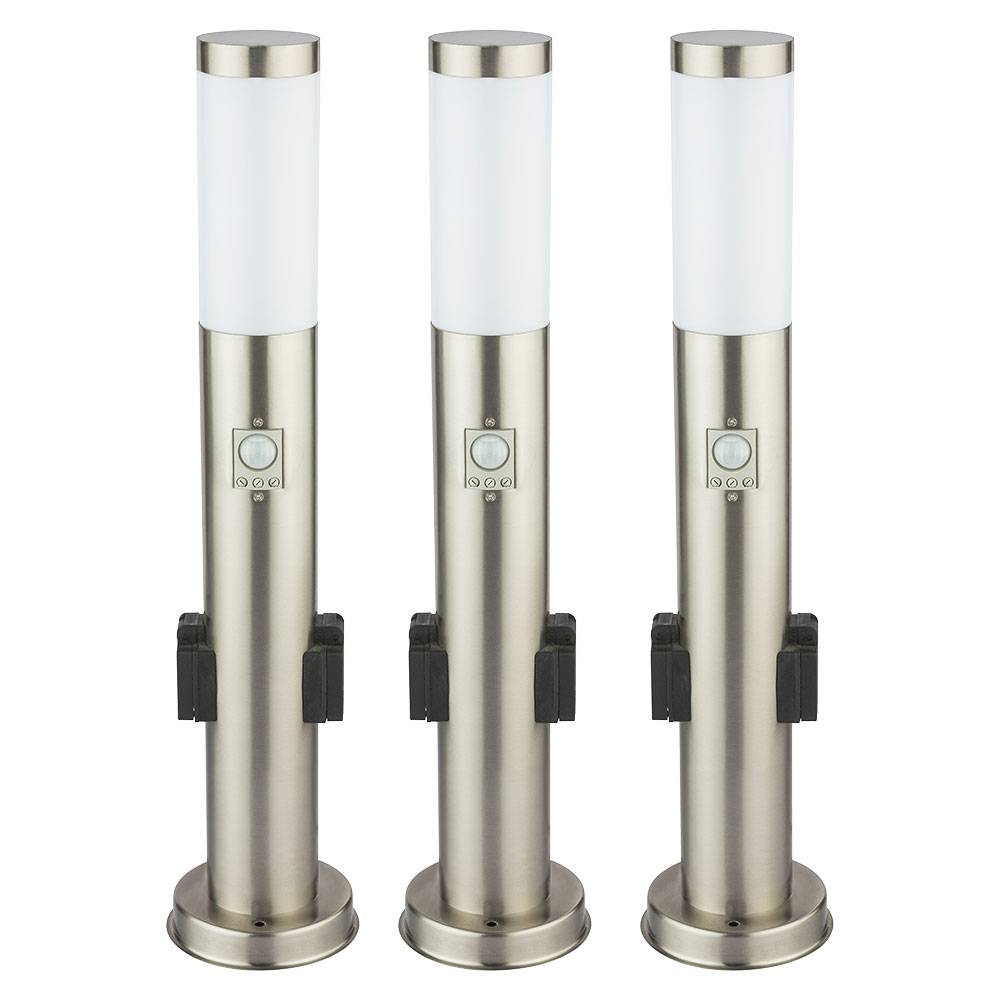 3er Set Edelstahl Steh Lampe Außen Steckdosen Bewegungsmelder Garten Wege Leuchte silber