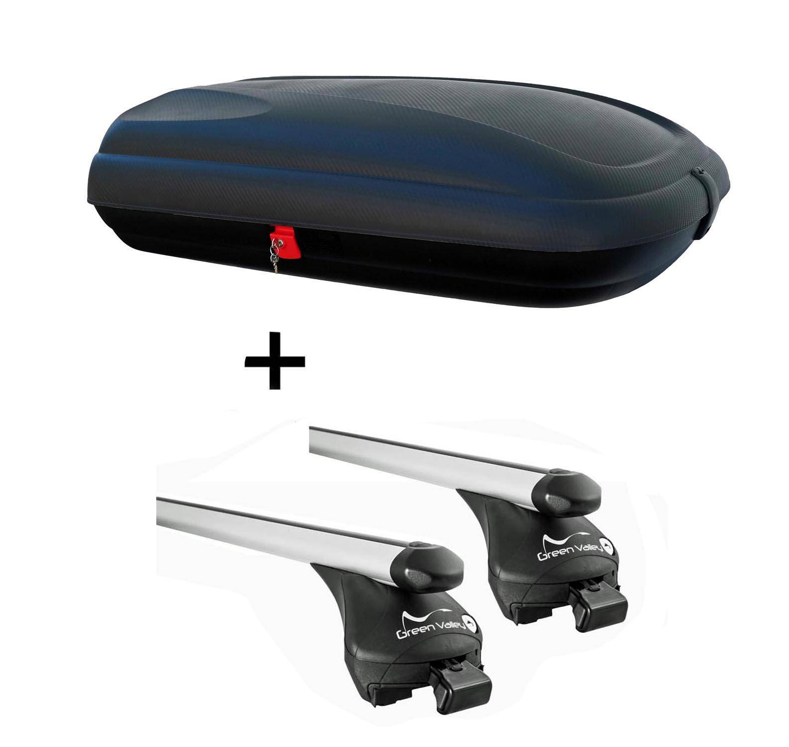 Dachbox VDPCA320 320Ltr carbonlook + Relingträger Alu kompatibel mit für Audi A6 Kombi ab 11 bis aufliegende Reling