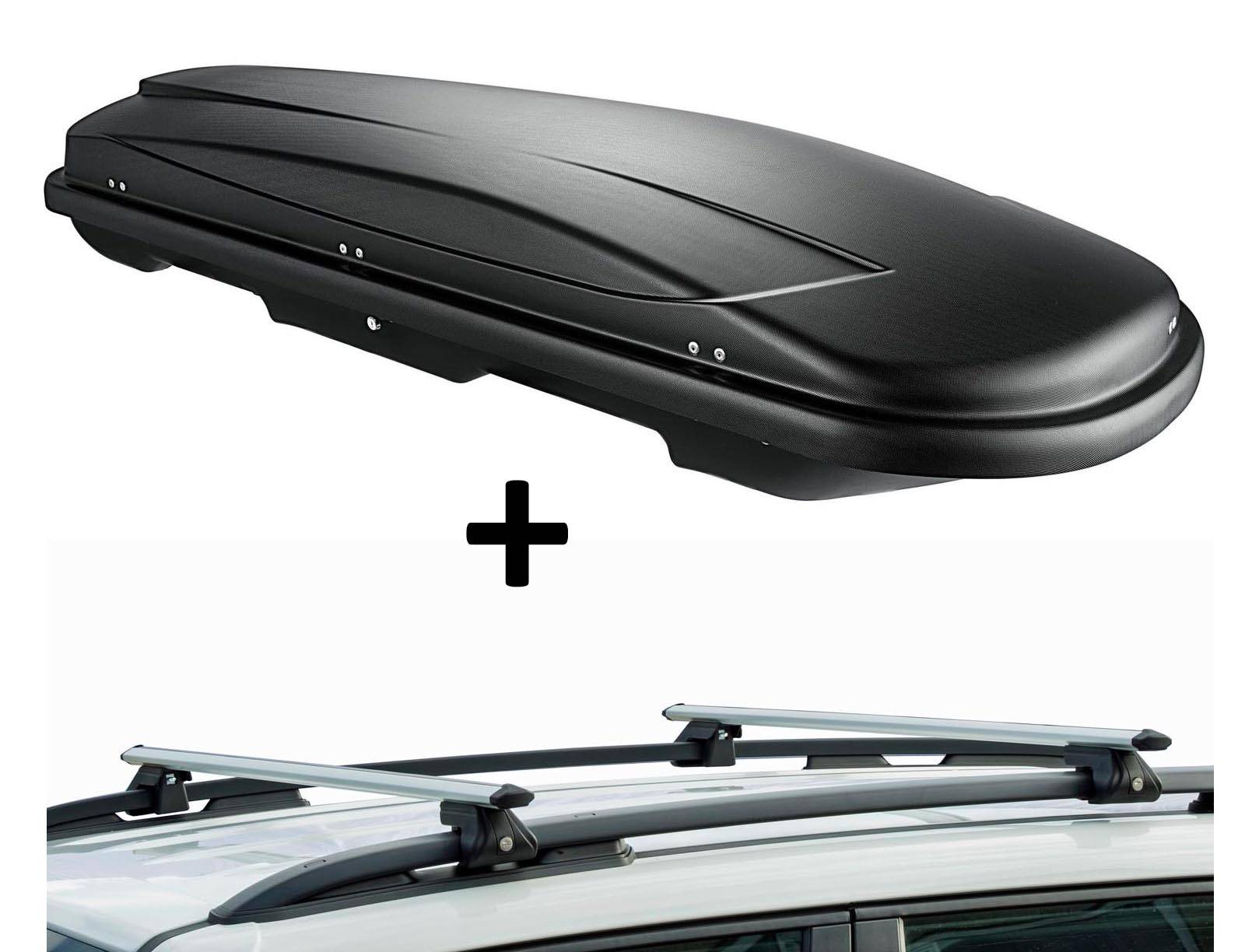 Dachbox VDPJUXT500 500Ltr abschließbar schwarz + Dachträger CRV120 kompatibel mit für Kia Carnival (5 Türer) 1998-2006