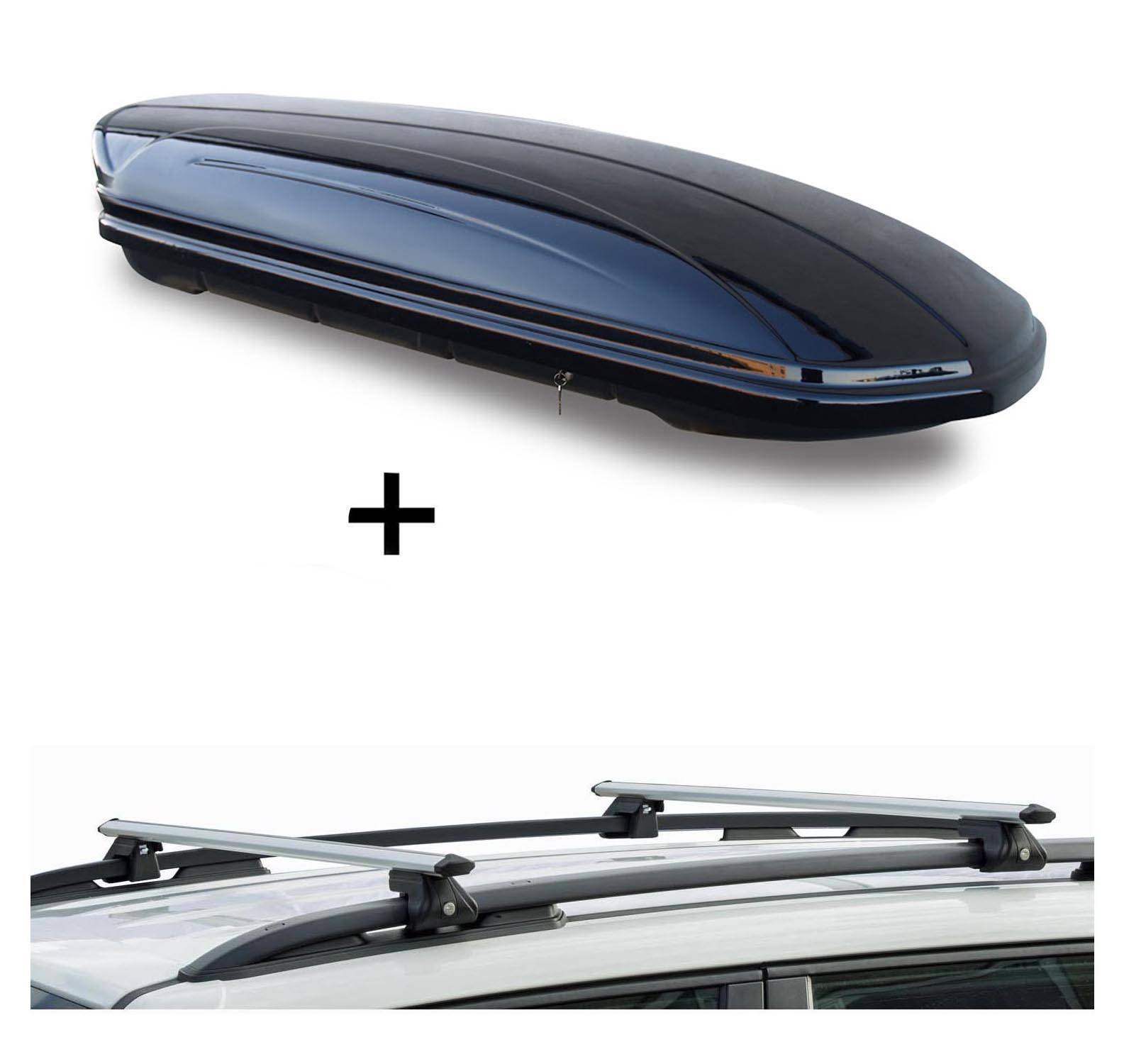 Dachbox VDPMAA580 580Ltr abschließbar schwarz + Dachträger CRV135 kompatibel mit für Ssangyong Korando (3 Türer) 1997-2005
