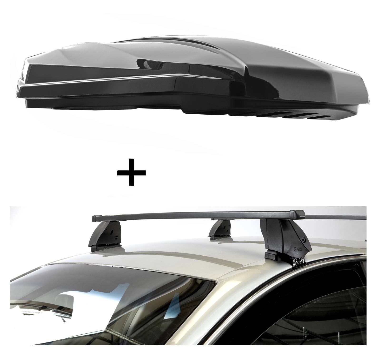 DACHBOX STRIKE 440 Liter schwarz hochglanz + Dachträger K1 MEDIUM kompatibel mit für Renault Grand Scenic III (ohne Glasdach) (5Türer) 13-16