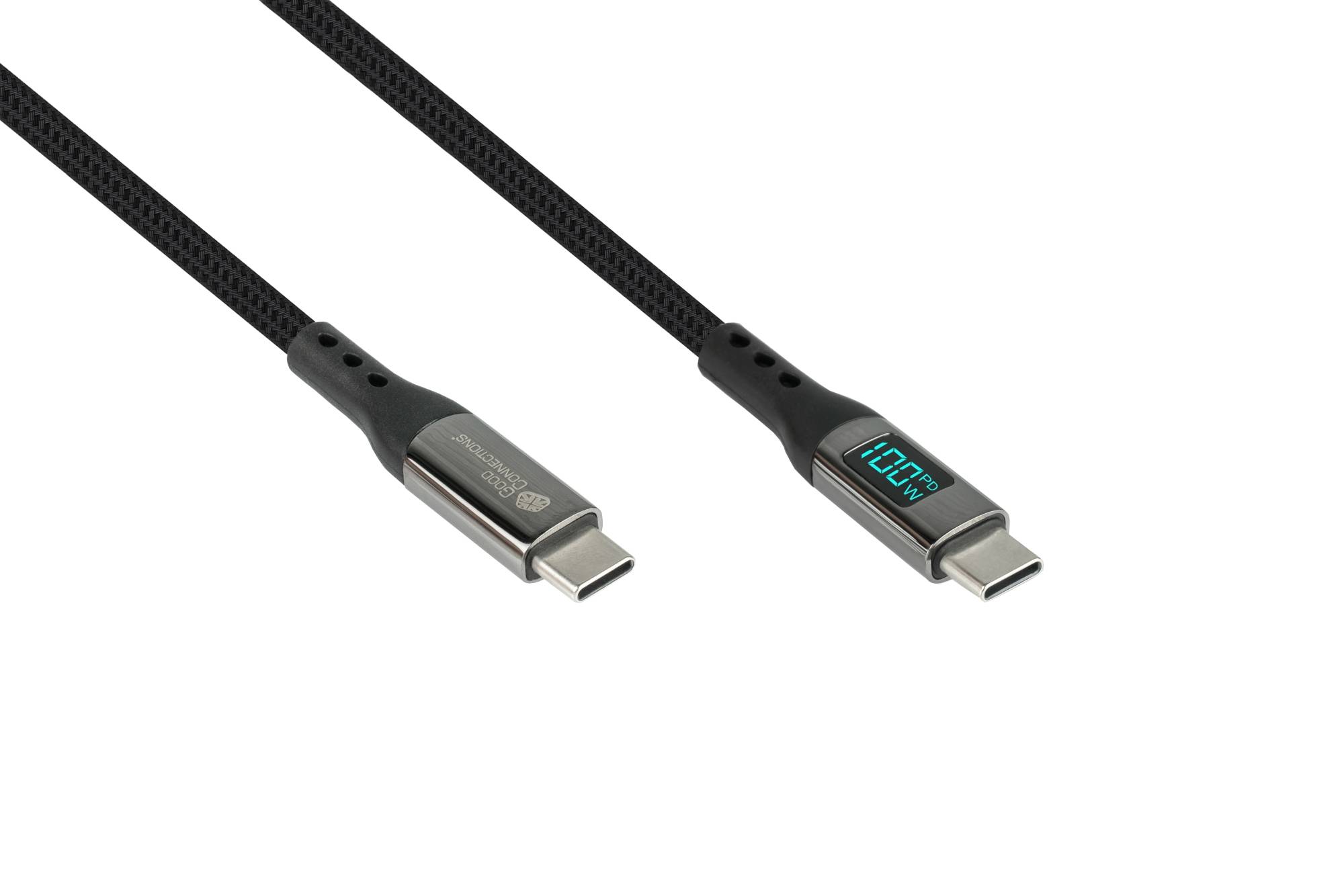 USB 2.0 Lade- und Datenkabel (100W) mit Digitalanzeige, USB-C™ Stecker an USB-C™ Stecker, schwarz, 1m