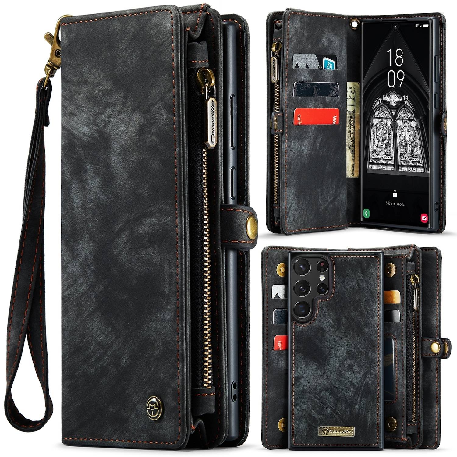 Für Samsung Galaxy S24 Ultra CaseMe Kunstleder Multifunktion Zipper Wallet Tasche Schwarz
