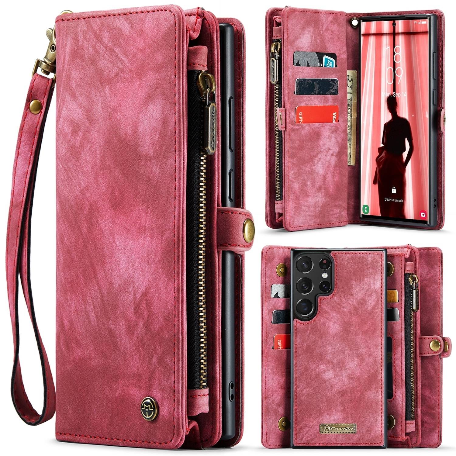Für Samsung Galaxy S24 Ultra CaseMe Kunstleder Multifunktion Zipper Wallet Tasche Rot