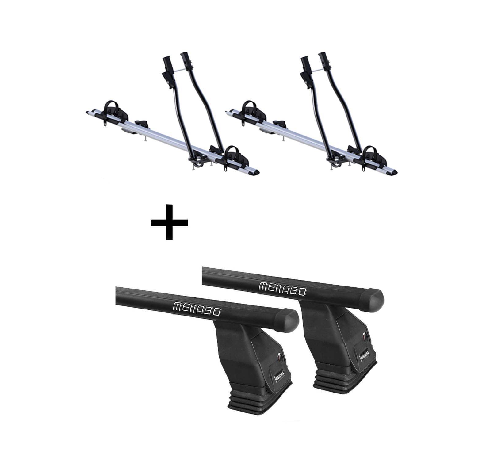 2x Fahrradträger SAGITTAR + Dachträger Menabo Tema Stahl kompatibel mit für Mercedes C-Klasse W205 (Stufenheck 4 Türer ab 2014