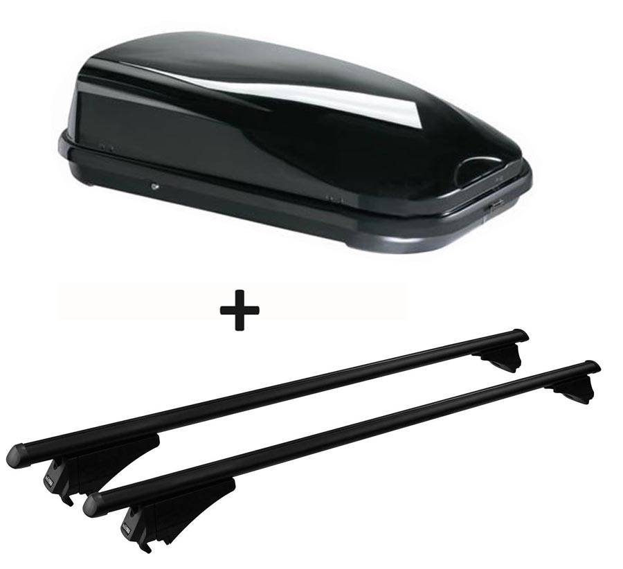 Dachbox schwarz VDP JUFL320 320 Liter abschließbar + Alu-Relingträger Tiger XL schwarz aufliegende Reling im Set kompatibel mit für VW Passat B8 Va