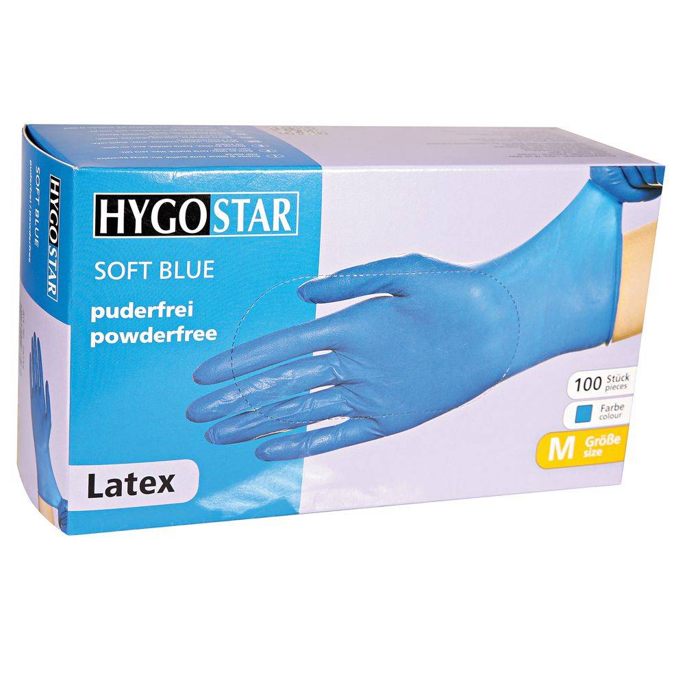 Hygostar Soft Blue Latex-Einweghandschuh puderfrei unsteril (100 Stk.) Farbe: Blau, Gr. 8 (M)